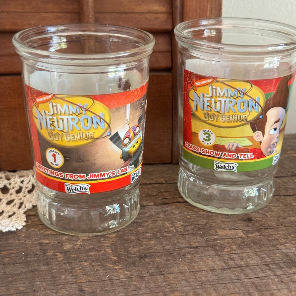 Welch's Jimmy Neutron Boy Genius Jelly Jar Glasses Set of 2 Vintage 2002 Nick